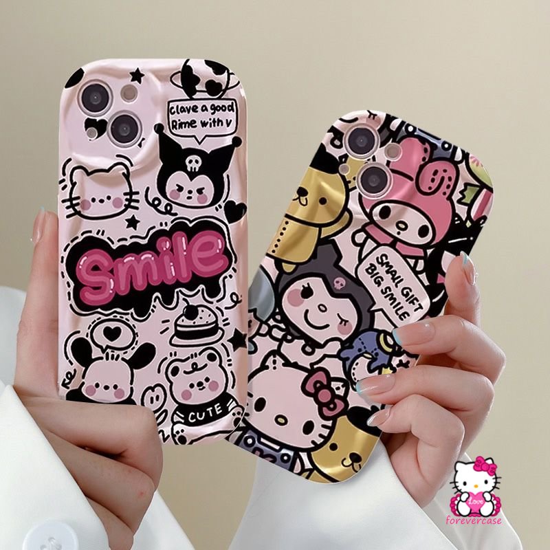 IPHONE Casing Doodle Comic Inggris Shockproof Kompatibel Untuk Iphone11 14 13 12 Pro Max 7Plus XR XS X Max 6 6s 7 8 Plus SE 2020 Kartun Hello Kitty Lucu Kulomi 3D Wavy Curved Edge Soft Case