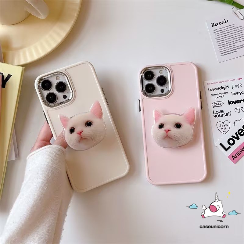 Cute Kitty Cat Bracket Mewah Plating Case Kompatibel Untuk IPhone 7plus 13 11 12 14 Pro MAX X XR 7 8 Plus XS MAX Sederhana Warna Solid Frame Lensa Metal Phone Cover Dengan Holder Bracket