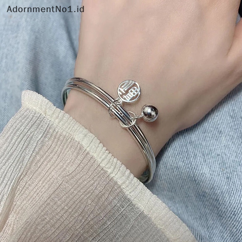 [AdornmentNo1] Fashion Fu karakter gelang cincin ganda dengan Bell Ins gaya keberuntungan gaya korea Bangle untuk wanita gadis pesona perhiasan hadiah