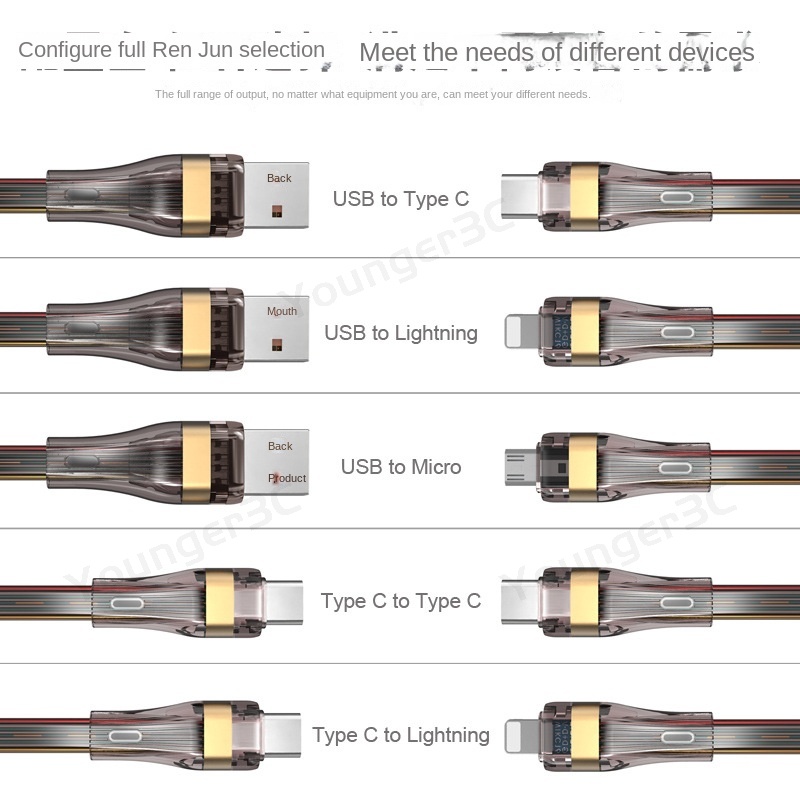 100w Kabel Charging Super Cepat Transparan Penuh 5A Tali Charging Super Pantas Tali Charging Usb A/c Garis Data Untuk Micro ios Tipe c