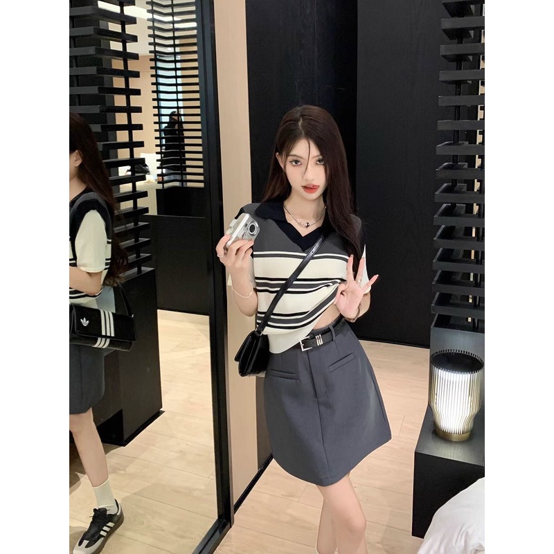 Atasan Wanita Rajut Korean Stripe Lengan Pendek Polo Knit Shirt