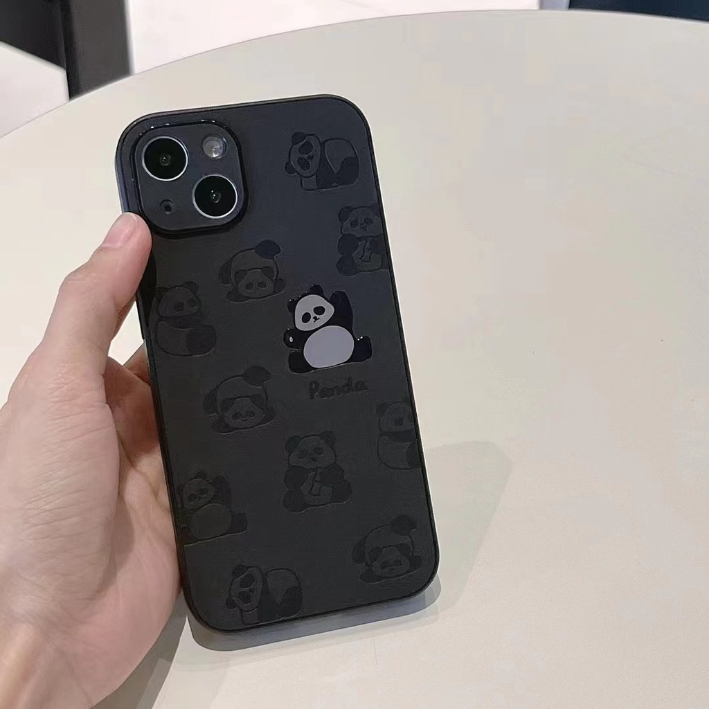 【Gradient Laser】So Cute China Panda Soft Bumper Hard Case IPhone 11 12 13 14 Pro Max Camera Protect for Girl Women Man Men's Fashion Gift Black Gray Cartoon Phone Case