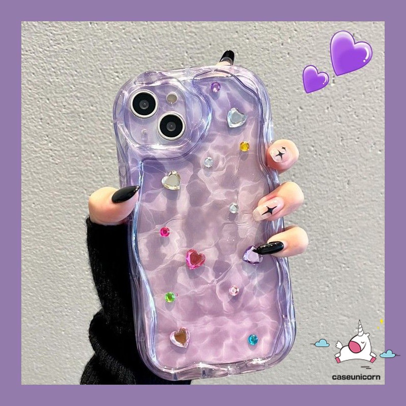 IPHONE Casing Tepi Melengkung Bergelombang Gradasi Ungu Pink 3D Sederhana Kompatibel Untuk Iphone11 13 7Plus XR 14 12 Pro Max X8 6 7 6s Plus XS Max SE 2020art Casing Riak Air Dengan Stiker Berlian