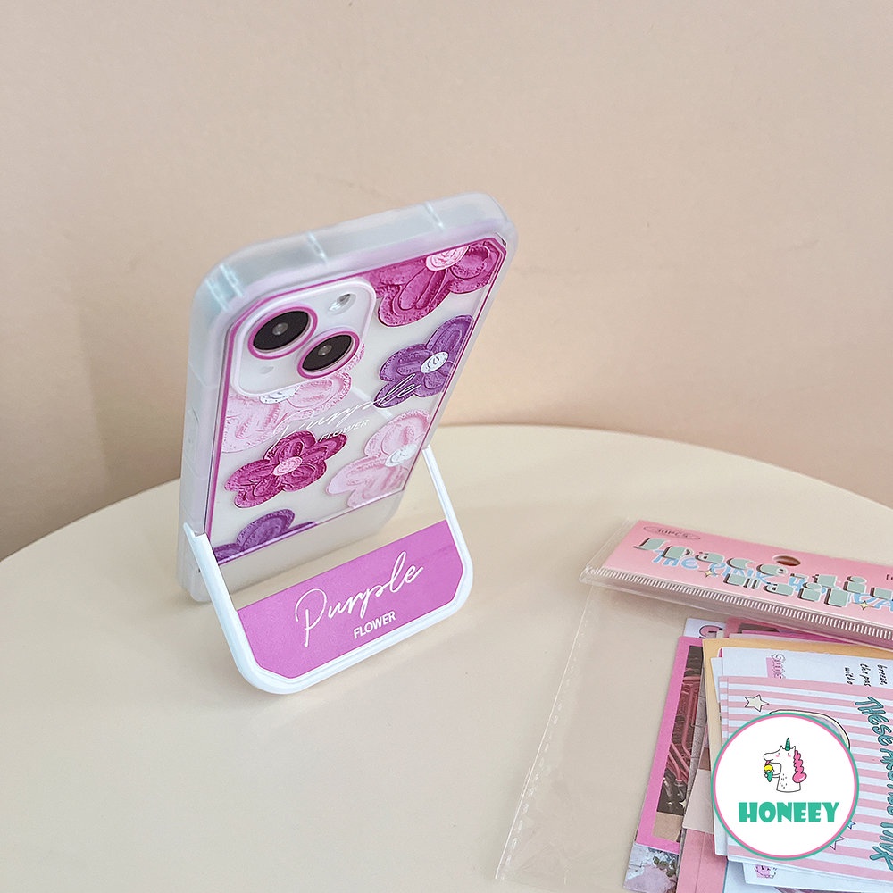 Ins Ungu Floral Invisible Bracket Phone Case Kompatibel Untuk Iphone14 13 12 11 Pro Max Casing iPhone 11xr XS 7 8Plus Lembut TPU Shockproof Back Cover