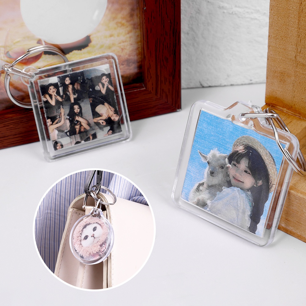 Split Ring Key Ring Custom Round Square Keyring Wanita Transparan Insert Foto Gantungan Kunci Pasangan Hadiah Akrilik Bening Kosong Bingkai Foto Pria Kreatif Gantungan Kunci Liontin DIY Untuk Tas