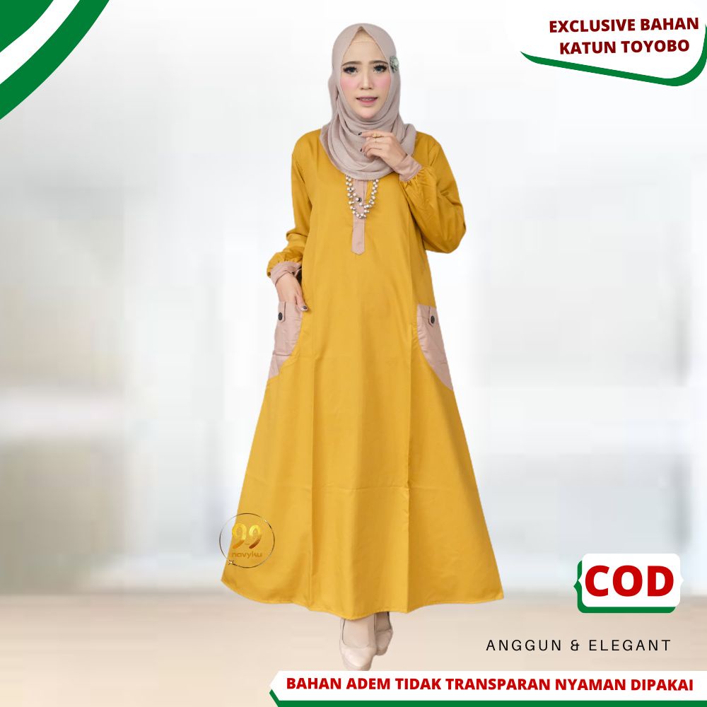 Baju Gamis Wanita Dewasa Bahan Katun Toyobo Premium Busui Friendly Kombinasi Dua Warna Terbaru C13