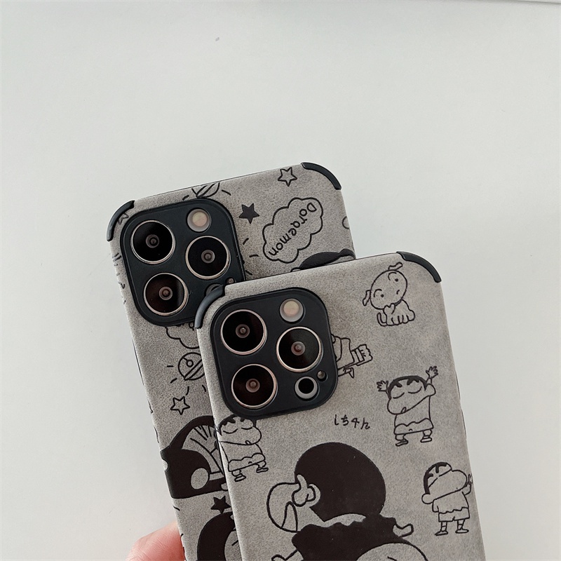 IPHONE Doraemon Jingle Kartun Kucing Lambskin Leather Case Kompatibel Untuk Iphone11 12 13 14 Pro Max XR X XS 7 8 Plus Suede Lembut Shockproof Phone Case Cover