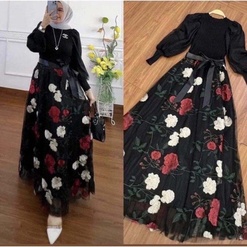 DRESS WANITA MAXI SEPHORA ROSES BLACK IMPORT BKK BANGKOK