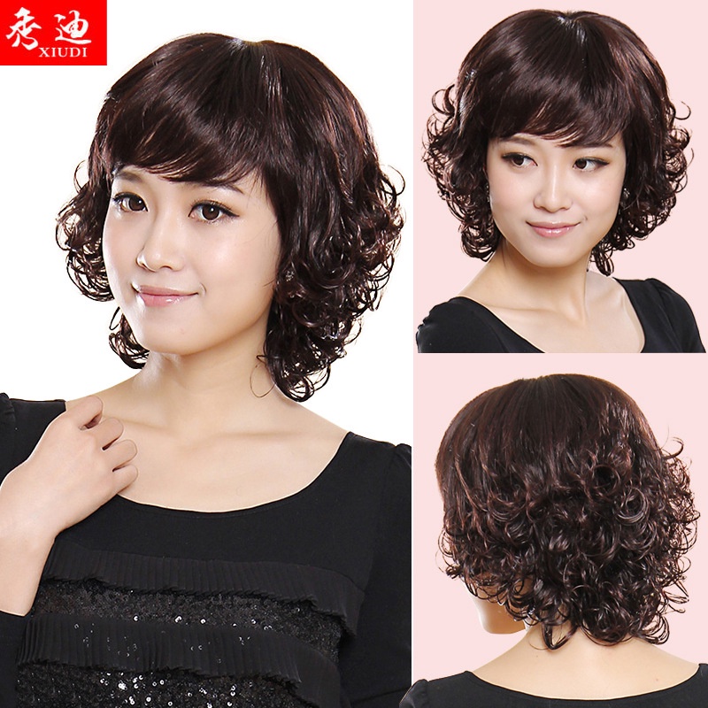 Rambut pendek perempuan wig, rambut kurus alami pendek, rambut nyata, seting peruk usia tengah dan t