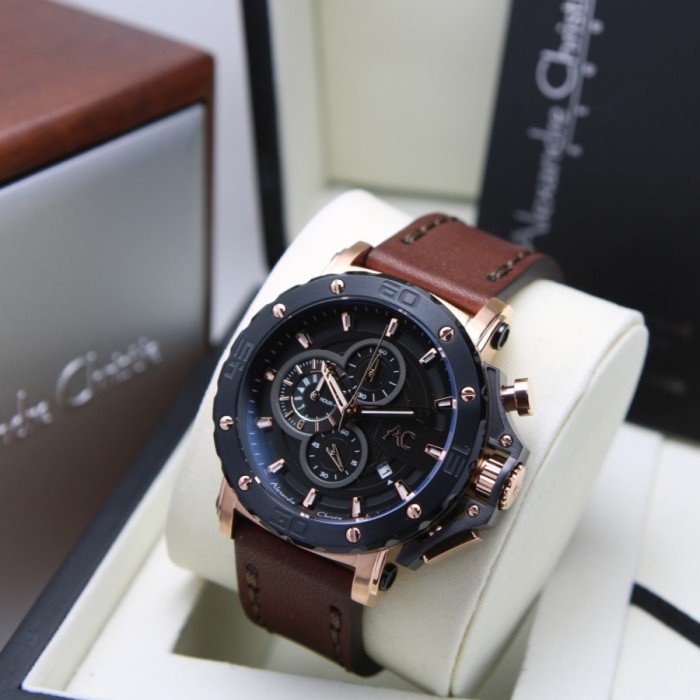 jam tangan pria alexander cristie original ac9205 black rose gold 44mm Vs