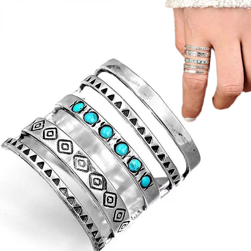 Vintage Bohemian Turquoise Ring/Cincin Perak Berongga Multilayer Wanita Aksesoris Perhiasan Pernikahan