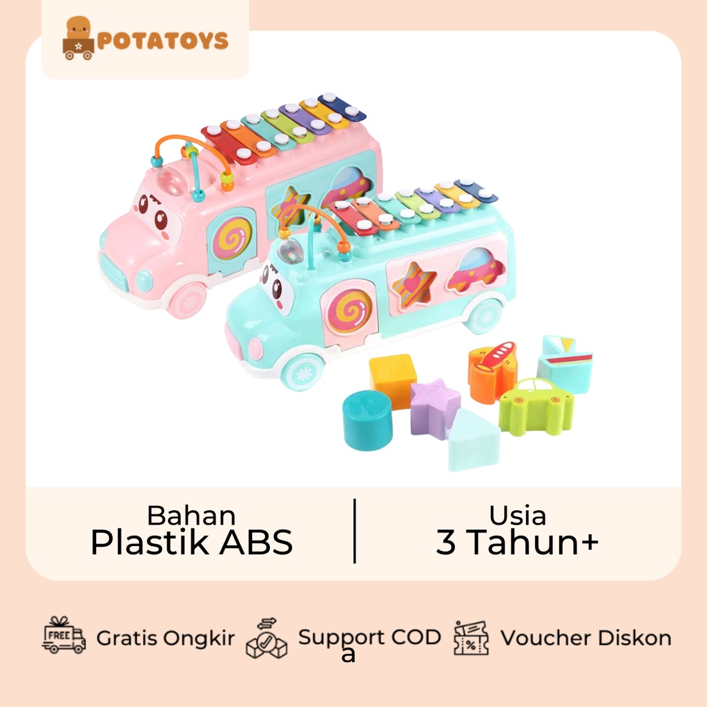 [ Potatoys ] Huanger Music Baby Bus Xylophone / Bus Xylophone Mobil 3in1 / Sorting Bentuk dan Alur Kawat / Mainan Anak Edukasi / Mainan Music