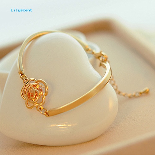 Lilyscent Wanita Emas Bunga Kristal Rose Bangle Cuff Rantai Gelang Chic Perhiasan Hadir