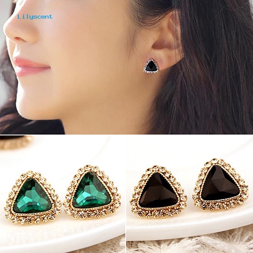 Lilyscent Perhiasan Pesta Fashion Wanita Segitiga Kristal Nada Emas Ear Studs Earrings