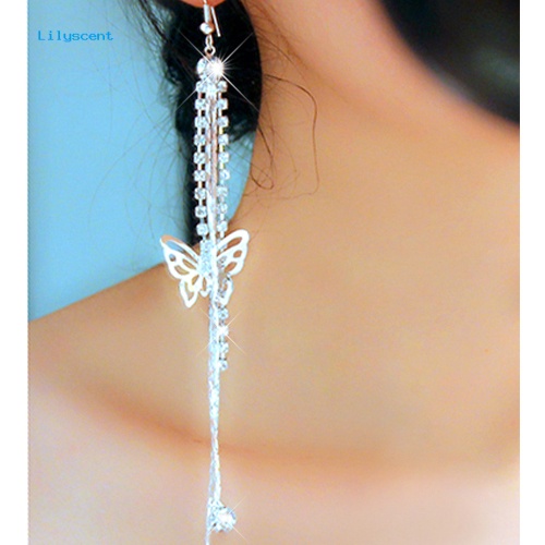 Lilyscent Wanita Berongga Kupu-Kupu Berlian Imitasi Panjang Jumbai Rantai Kait Menjuntai Linear Earrings