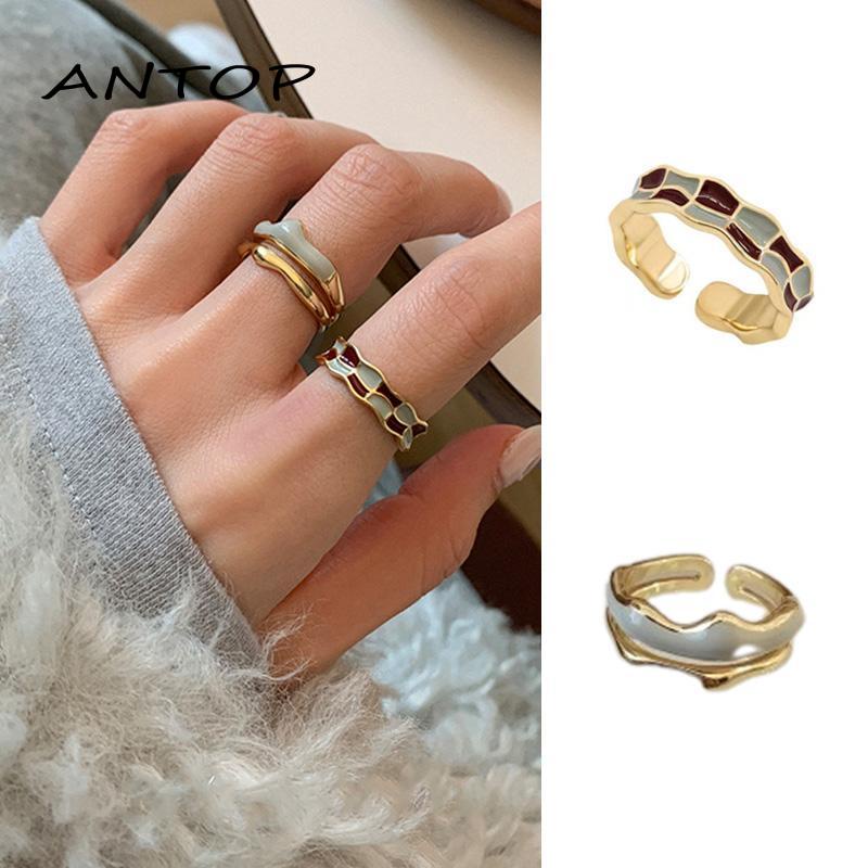 [Antop Termurah] Cincin Jari Telunjuk Terbuka Enamel Chessboard Plaid Ring Women Design Sense French Vintage