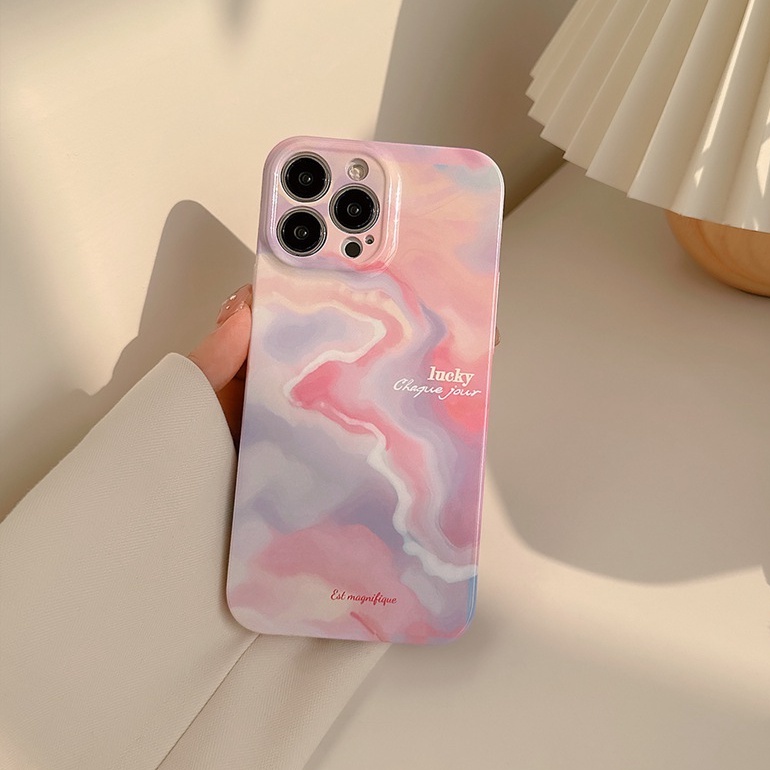 IPHONE Ultrathin PC Hard Full Pelindung Case Iphone7 8 Plus7+8+XR XS Max11 12 13 14 Pro Max 14Plus SE 2020 Hadiah Wanita Pink Gradiasi Halo Non Slip