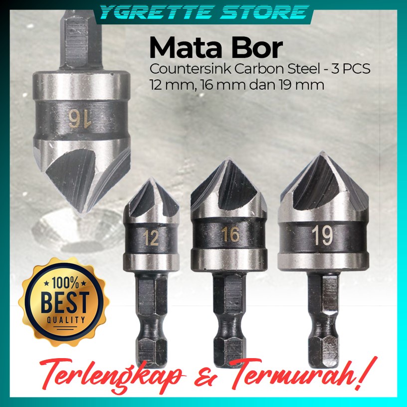 YGRETTE - PREMIUM Mata Bor Drill Bit Countersink Carbon Steel 12 16 19mm 3 PCS - Silver