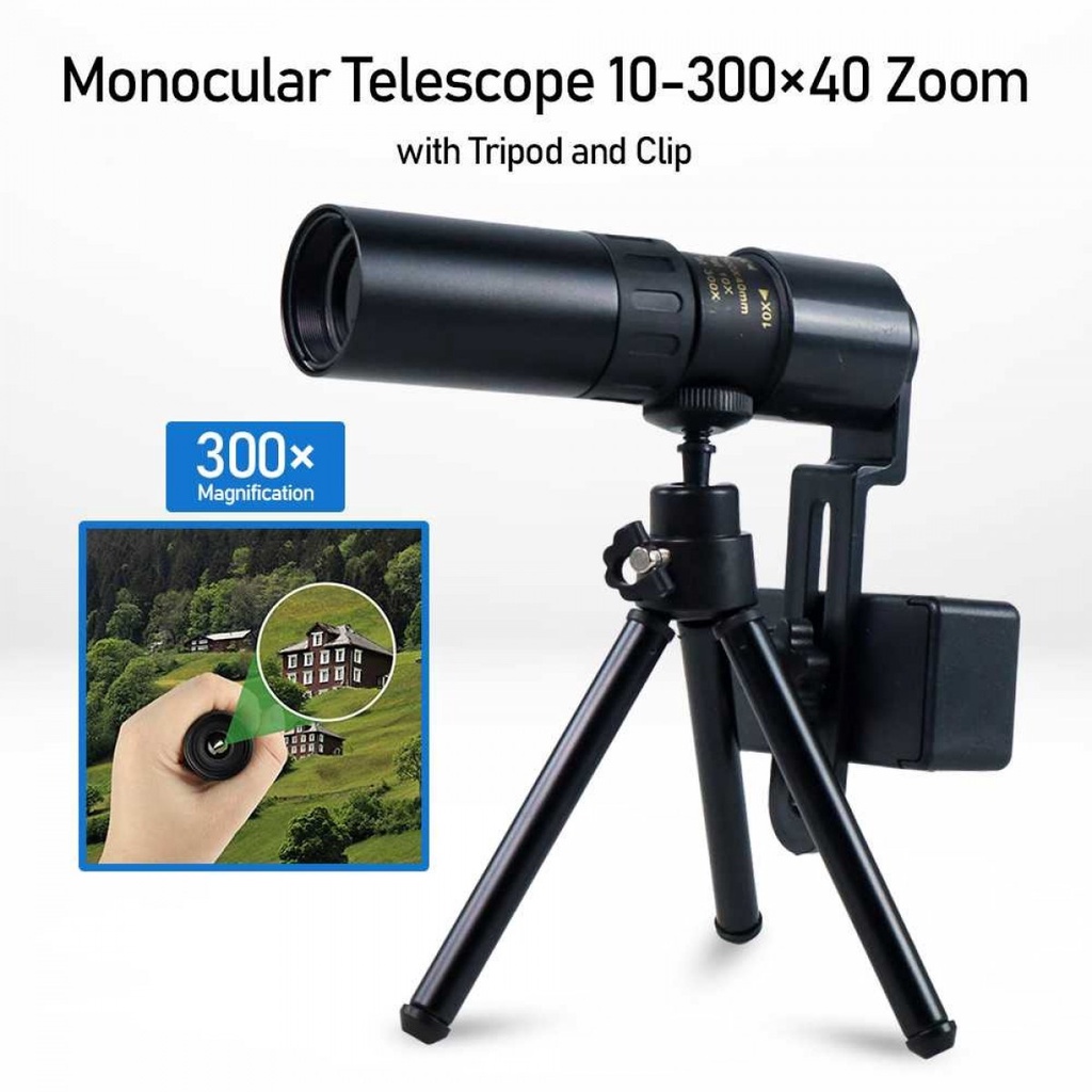 Teropong Jarak Jauh Monocular Telescope Zoom 40X 300Meter Tripod Clip