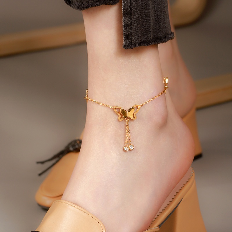 Fashion Musim Panas Temperamen Berongga Geometris Kupu-Kupu Bor Ganda Rumbai Gelang Ankle Chain Jewelry