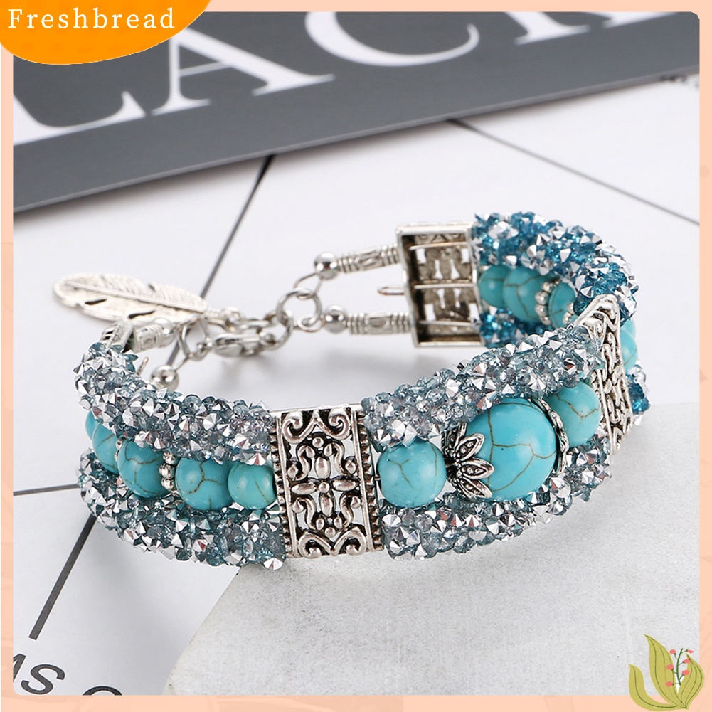 &lt; Freshbread &gt; Vintage Wanita Faux Turquoise Beads Berlian Imitasi Diukir Gelang Bangle Perhiasan