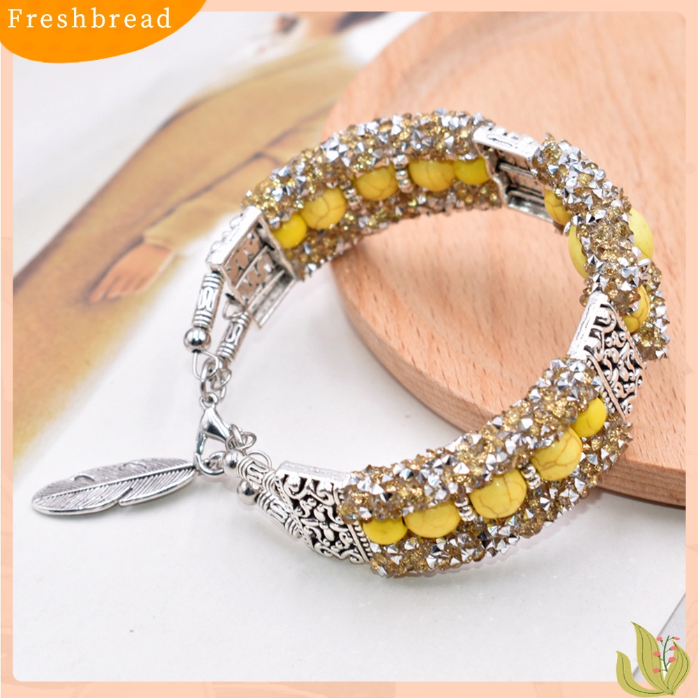 &lt; Freshbread &gt; Vintage Wanita Faux Turquoise Beads Berlian Imitasi Diukir Gelang Bangle Perhiasan