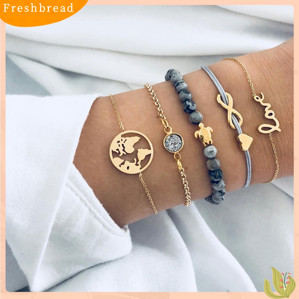 &lt; Freshbread &gt; 4/5Pcs Women Multi-Layer Beads Heart Leaf Chain Bracelet Set Pesta Perhiasan Hadiah