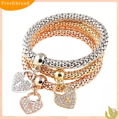 &lt; Freshbread &gt; 3Pcs Fashion Wanita Berlian Imitasi Cinta Hati Liontin Elastis Gelang Bangles