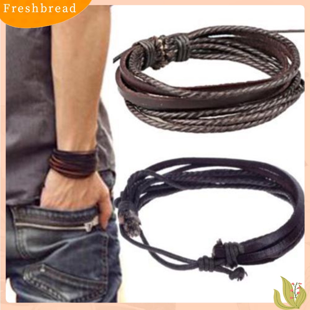 &lt; Freshbread &gt; Vintage Pria Wanita Kulit Imitasi Multilayer Gelang Bangle Gelang Perhiasan