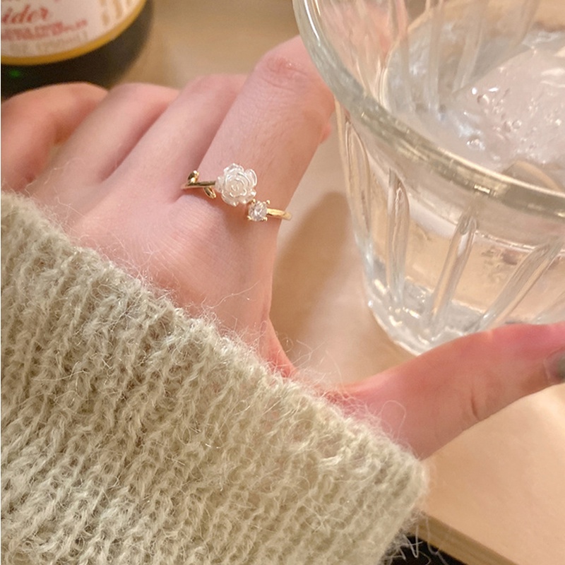 Zirkon Camellia Bunga Pembukaan circlet Wanita Vintage Lembut Bunga Cincin INS Fashion Kreatif Hoop Elegan Vintage Camellia Rings Adjustable Flower Ring Metal Accesorios