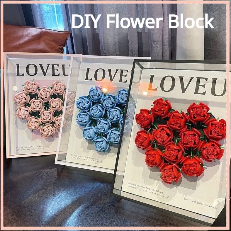 【COD】 Mainan Balok DIY Flower Block/Buket Bunga Blok Susun Bangunan Flower Bouquet Untuk Dekorasi/DIY Mawar Blok Bangunan (kotak Warna)