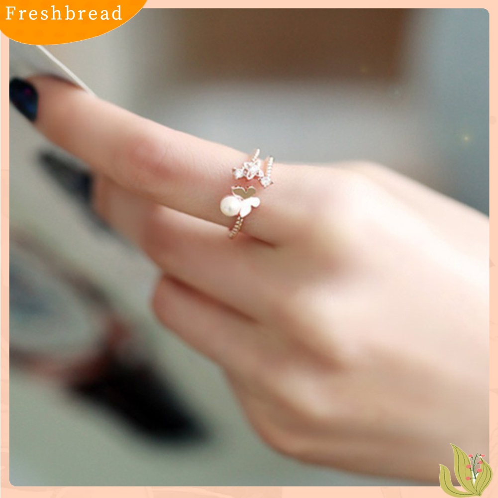 &lt; Freshbread &gt; Wanita Fashion Mutiara Imitasi Berlian Imitasi Bertatahkan Kupu-Kupu Jari Cincin Perhiasan Hadiah