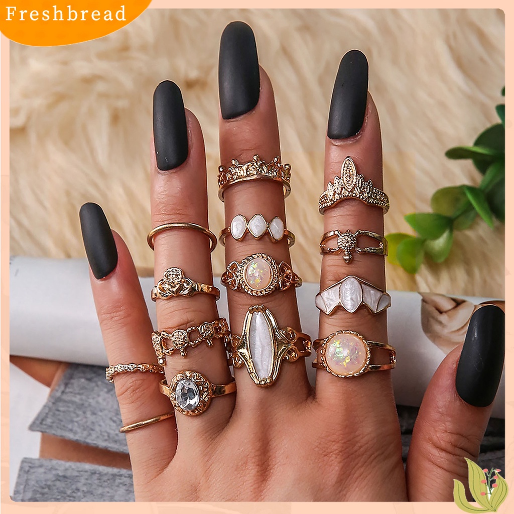 &lt; Freshbread &gt; 14 Pcs Berongga Dapat Ditumpuk Buku Jari Cincin Paduan Gaya Etnik Langit Berbintang Permata Imitasi Jari Rings Perhiasan Aksesori