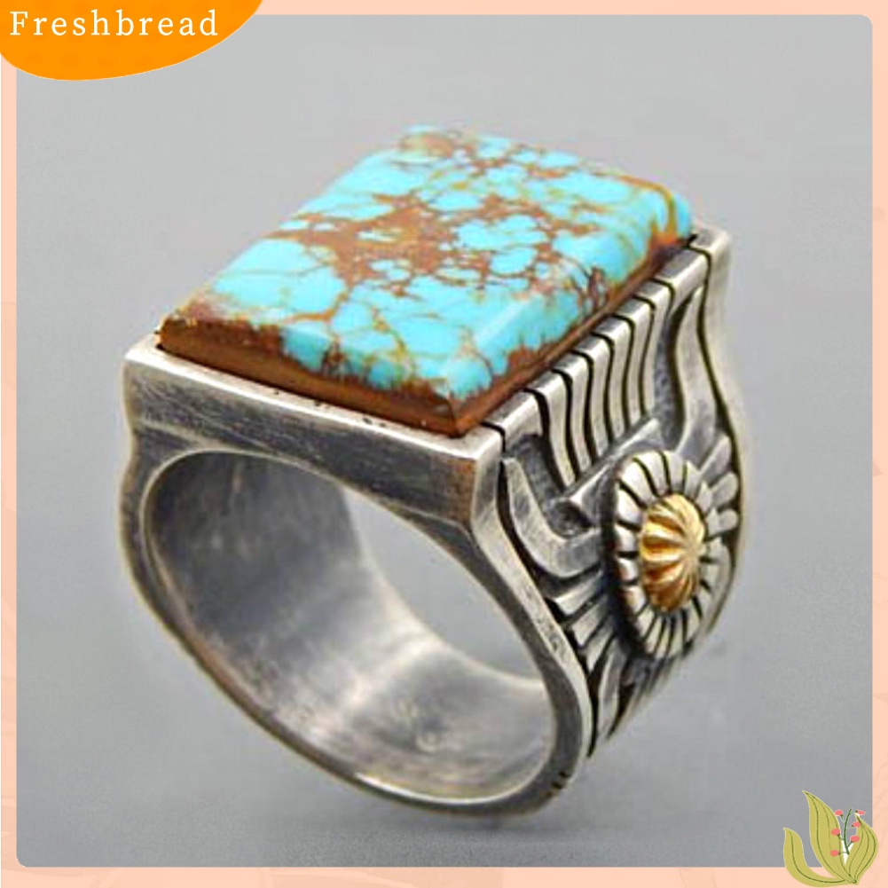 &lt; Freshbread &gt; Retro Ukiran Bunga Matahari Imitasi Pirus Bertatahkan Cincin Wanita Perjamuan Perhiasan Hadiah