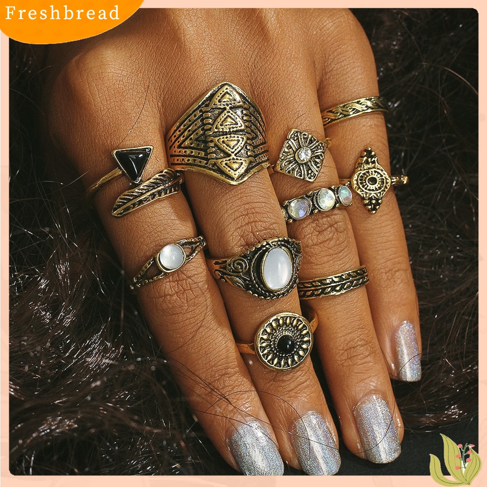 &lt; Freshbread &gt; 10Pcs/Set Boho Wanita Retro Sun Feather Arrow Ukir Buku Jari Midi Susun Rings