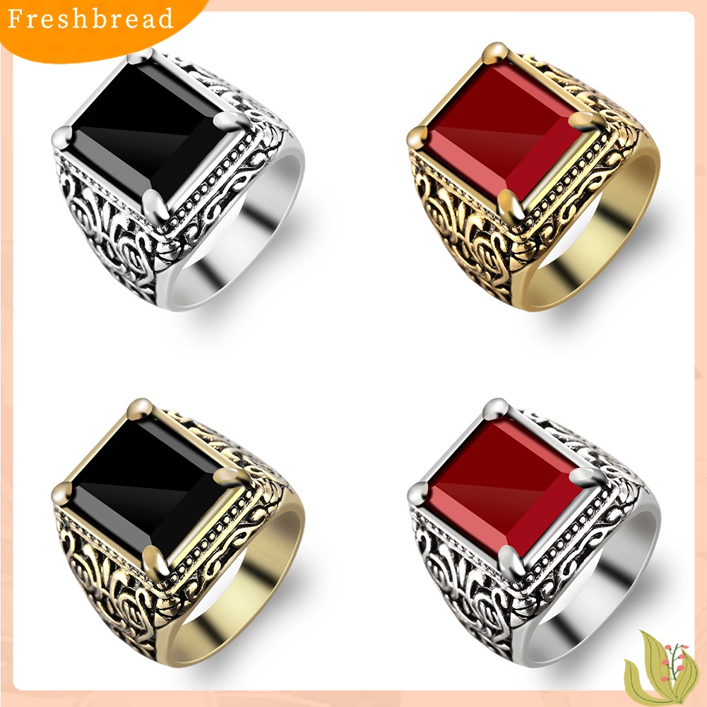 &lt; Freshbread &gt; Chinese Totem Vintage Square Resin Pria Perjamuan Cincin Lebar Band Jari Perhiasan