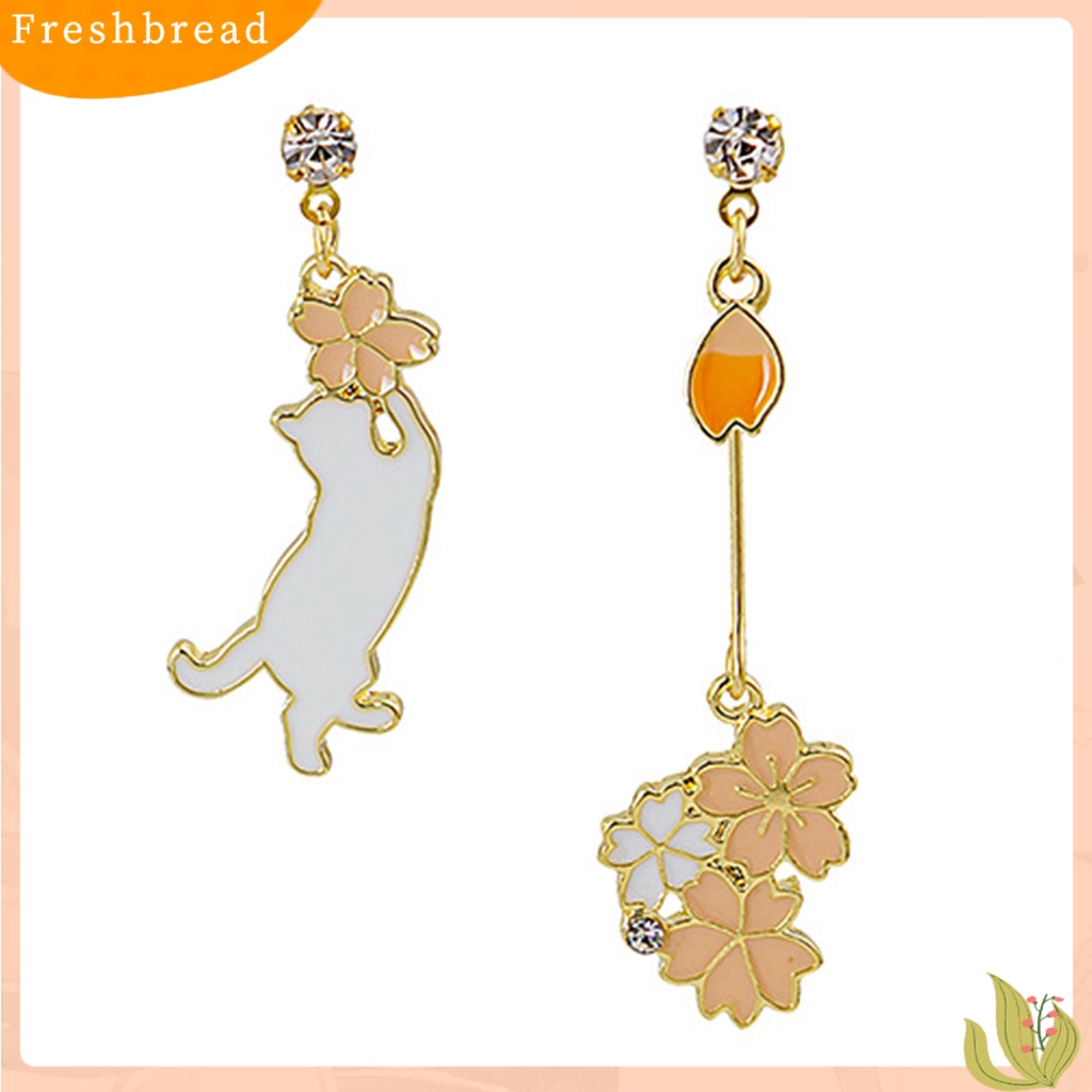 &lt; Freshbread &gt; 1pasang Drop Earrings Kartun Asimetris Electroplating Liontin High Gloss Hiasan Telinga Tahan Luntur Fashion Wanita Anak Bunga Telinga Kucing Studs Untuk Pakaian Sehari-Hari