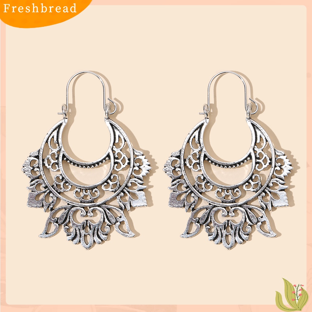 &lt; Freshbread &gt; Vintage Wanita Setengah Lingkaran Berlebihan Tindik Bunga Terukir Anting Perhiasan