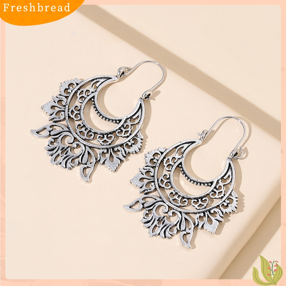 &lt; Freshbread &gt; Vintage Wanita Setengah Lingkaran Berlebihan Tindik Bunga Terukir Anting Perhiasan