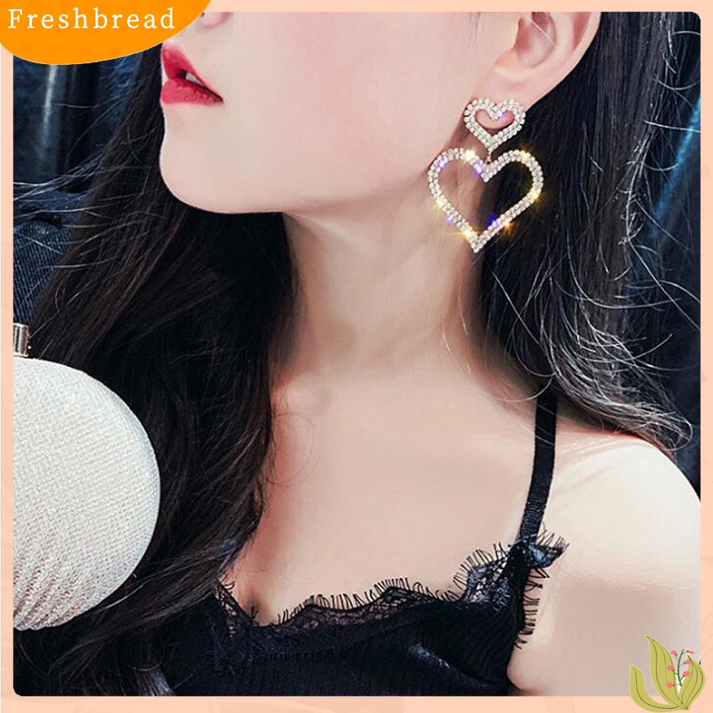 &lt; Freshbread &gt; Wanita Elegan Berlian Imitasi Jantung Teardrop Menjuntai Ear Drop Earrings Perhiasan Pesta