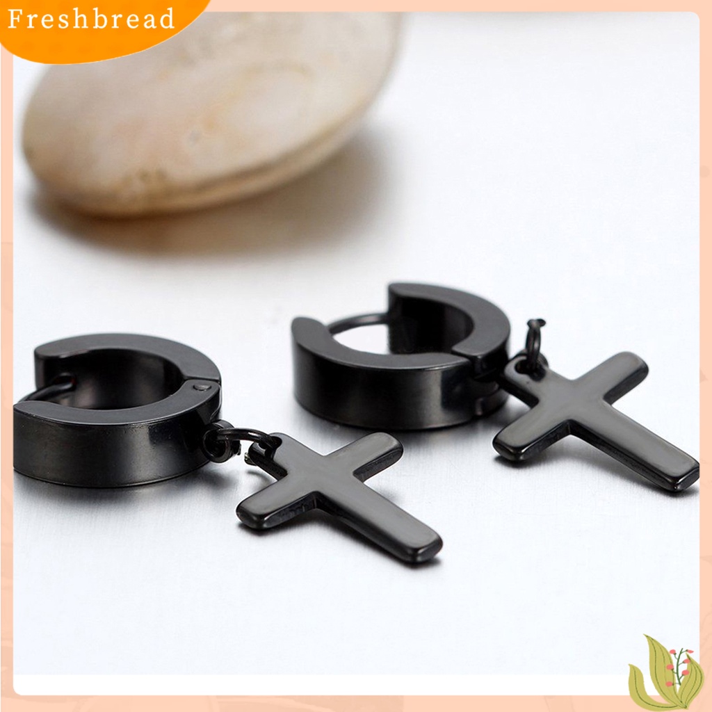 &lt; Freshbread &gt; 1pasang Ear Dangle Cross Pendant Anting Hoop Berengsel Huggie Stainless Steel Ramah Lingkungan Untuk Pria