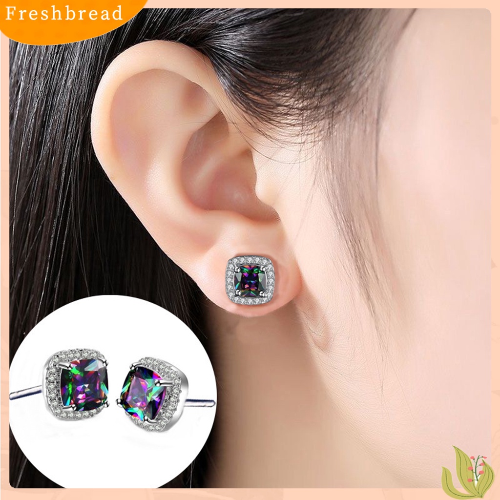 < Freshbread > 1pasang Anting Wanita Pengerjaan Halus Mewah Geometris Mata-catching Tahan Luntur Telinga Liontin Aksesori Wanita Rainbow Square Earrings Untuk Pesta