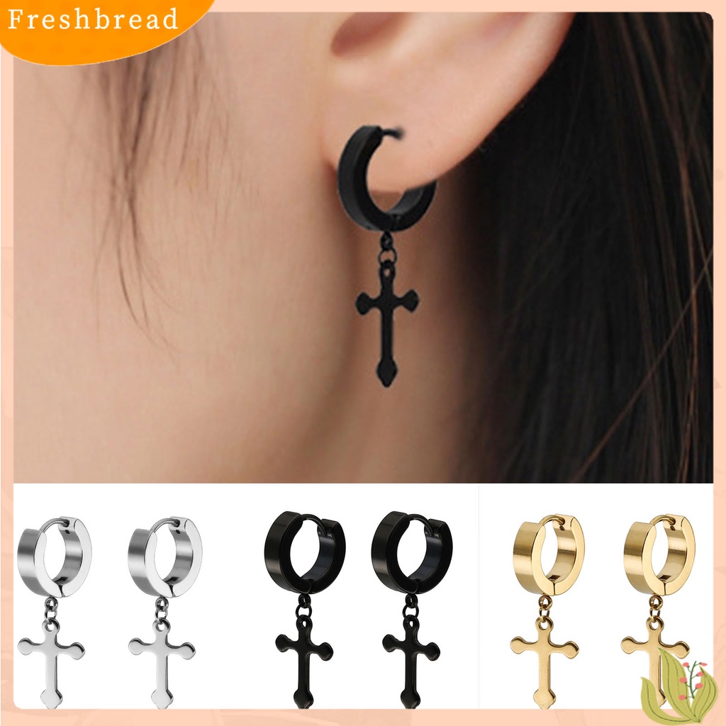 &lt; Freshbread &gt; 1pasang Anting Salib Menjuntai Tahan Lama Gaya Liontin Baja Titanium Pria Wanita Dewasa Liontin Salib Hoop Earring Untuk Pesta