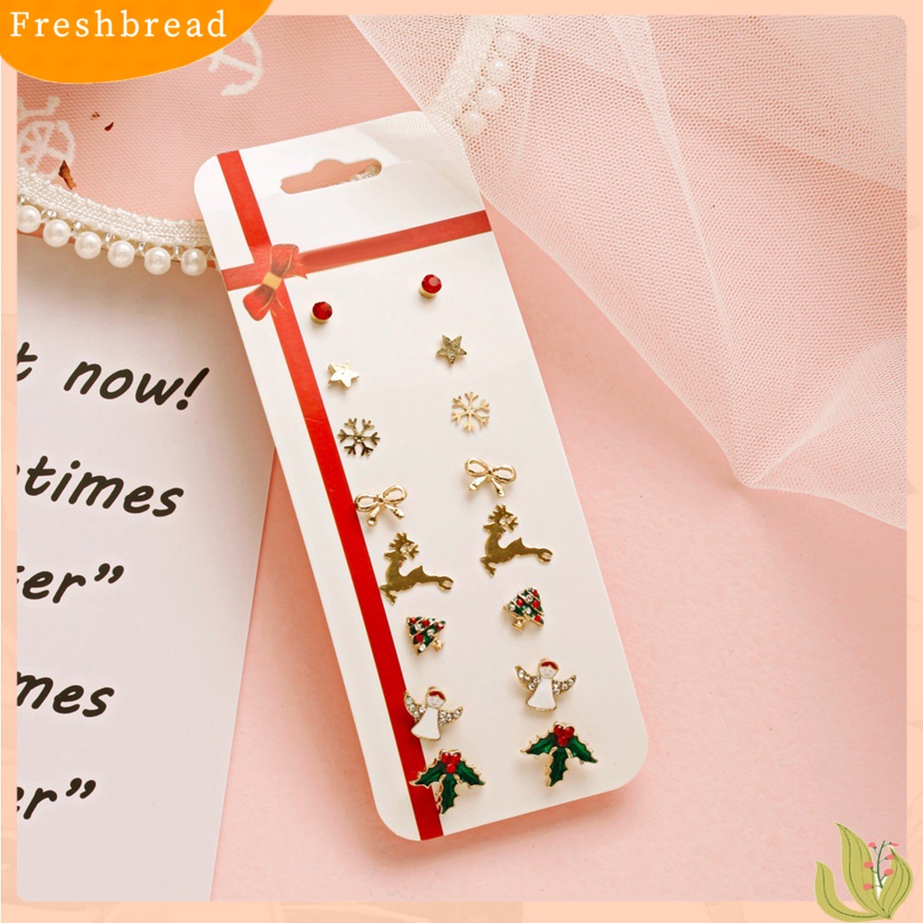 &lt; Freshbread &gt; 8pasang/Set Ikatan Simpul Berlian Imitasi Meriah Wanita Anting Pohon Natal Tebu Snowman Stud Earrings Klasik Perhiasan