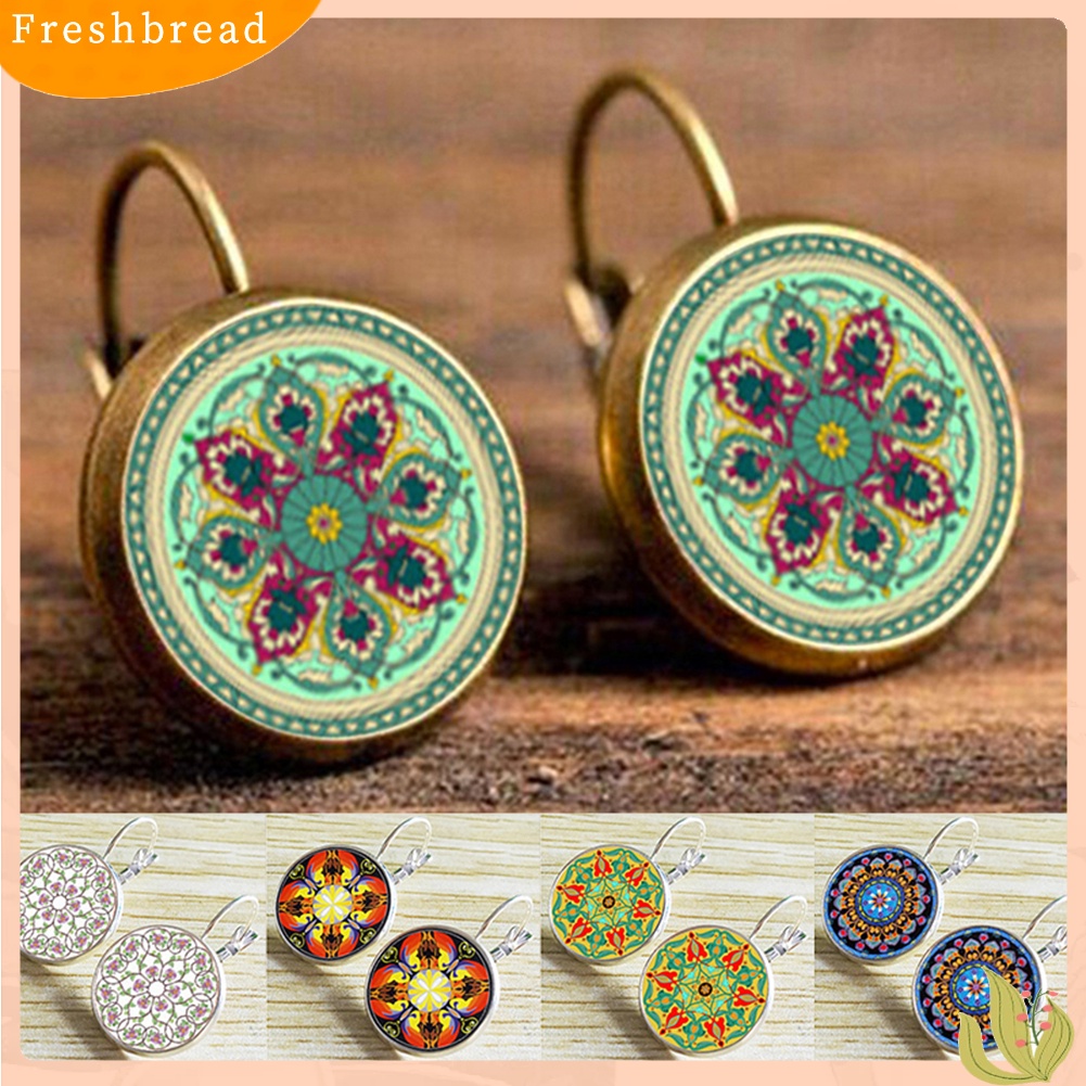 &lt; Freshbread &gt; Multicolor Mandala Bunga Lingkaran Faux Permata Ear Studs Wanita Leaverback Earrings