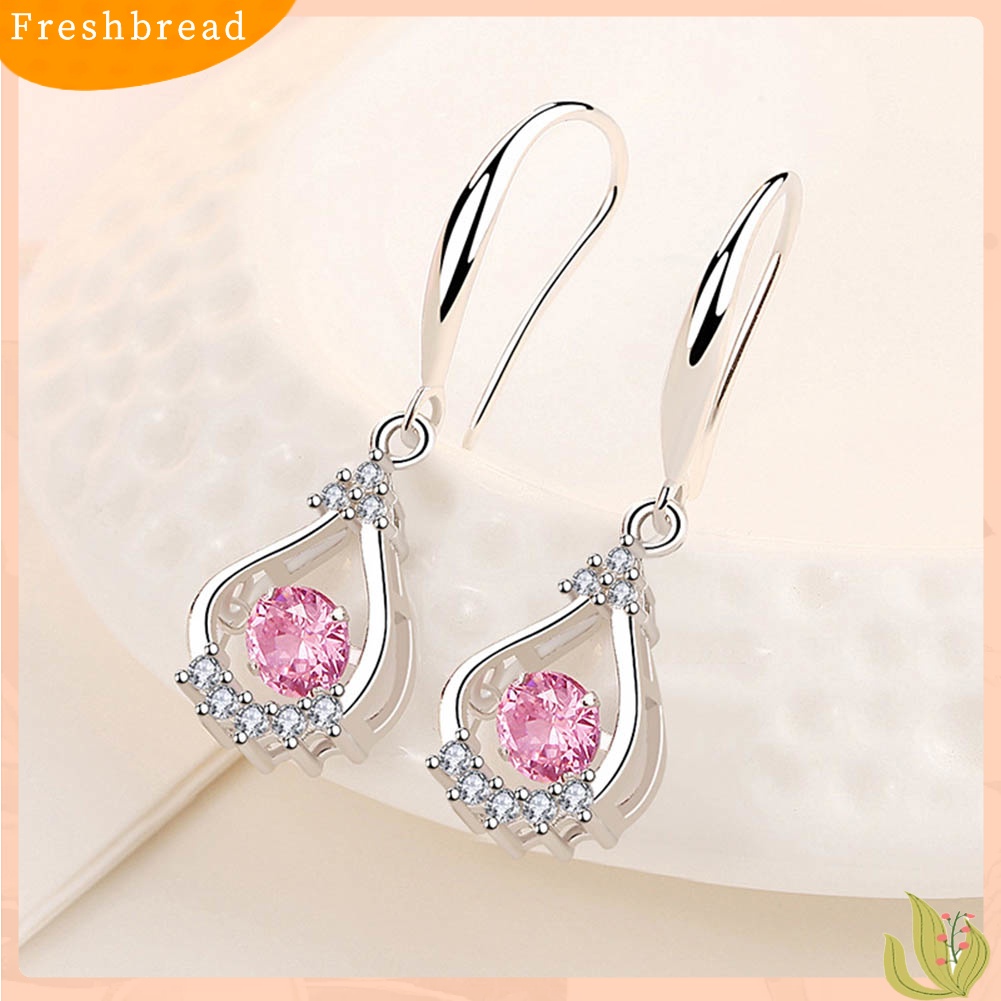 &lt; Freshbread &gt; Wanita Bulat Cubic Zirconia Hias Tetesan Air Menjuntai Kait Anting Perhiasan Hadiah