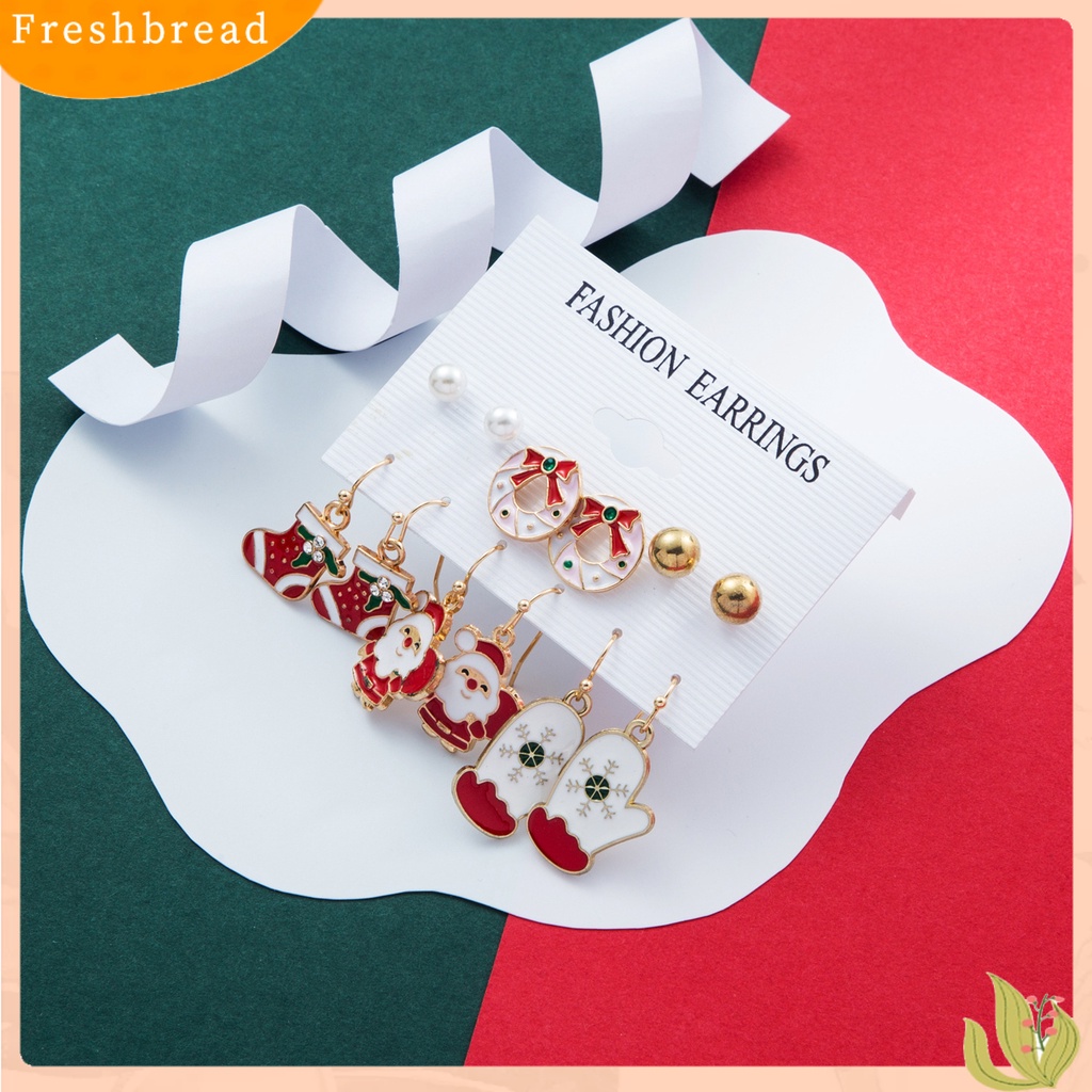 &lt; Freshbread &gt; 6pasang/Set Anting Natal Meriah Enamel Geometris Mengkilap Electroplating Dekorasi Perhiasan Hadiah Pohon Xmas Elk Snowman Santa Claus Ear Studs Menjuntai Anting