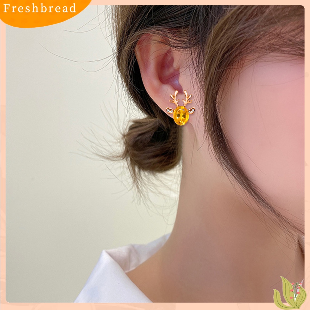 &lt; Freshbread &gt; 2Pcs Natal Ear Studs Boho Faux Gemstone Shiny Rhinestone Hias Festival Hadiah Xmas Tanduk Stud Anting Wanita Perhiasan Pesta Untuk Tahun Baru