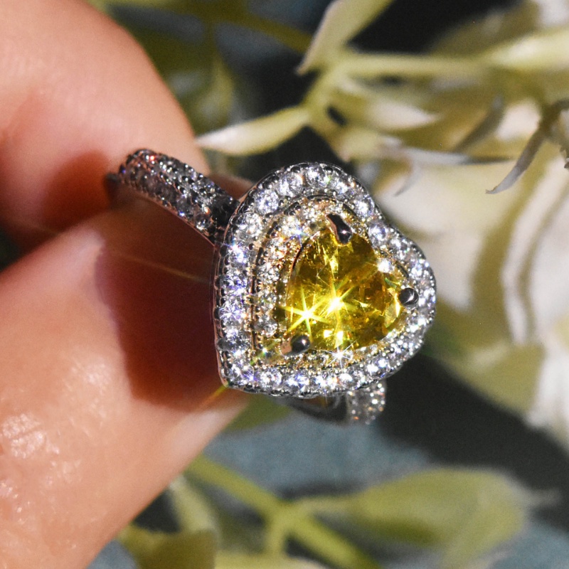 Goldkingdom Aksesoris Perhiasan Fashion Ready Stock Mewah Warna-Warni Permata Topaz Berbentuk Hati Cincin Terbuka Lapisan Ganda Micro Set Super Berkilau Brilliant Engagement Ring