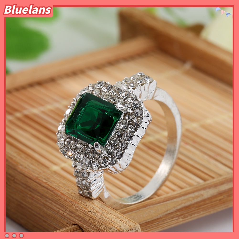{In Stock} Wanita Zirkon Hijau Perak Disepuh Cincin Fashion Pernikahan Bague Perhiasan Hadiah